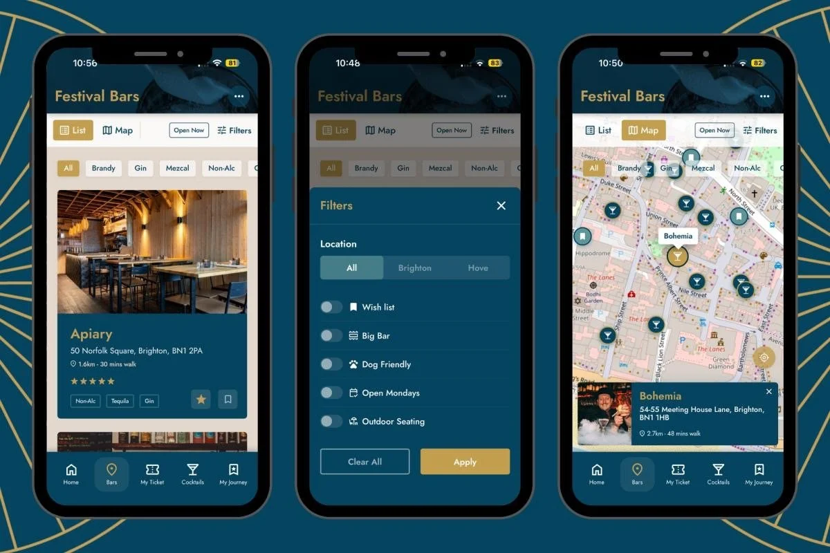 Brighton Cocktail Festival app screens showing festival bars, filters and a live map of venues across Brighton and Hove