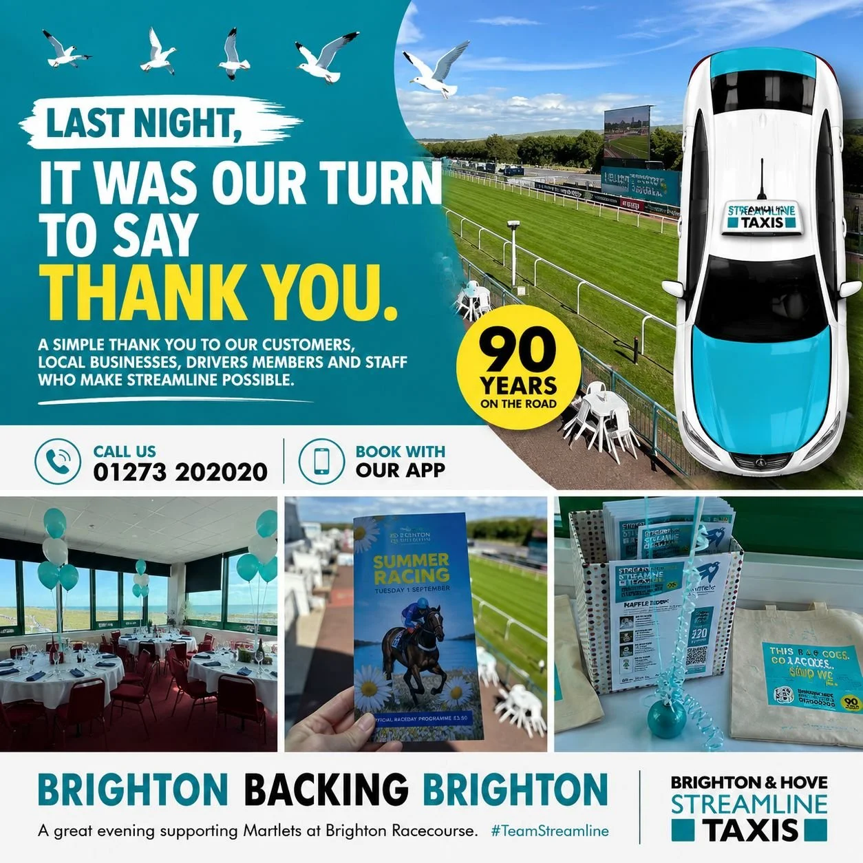 Streamline Taxis thank you graphic marking 90 years and supporting Martlets Hospice at Brighton Racecourse