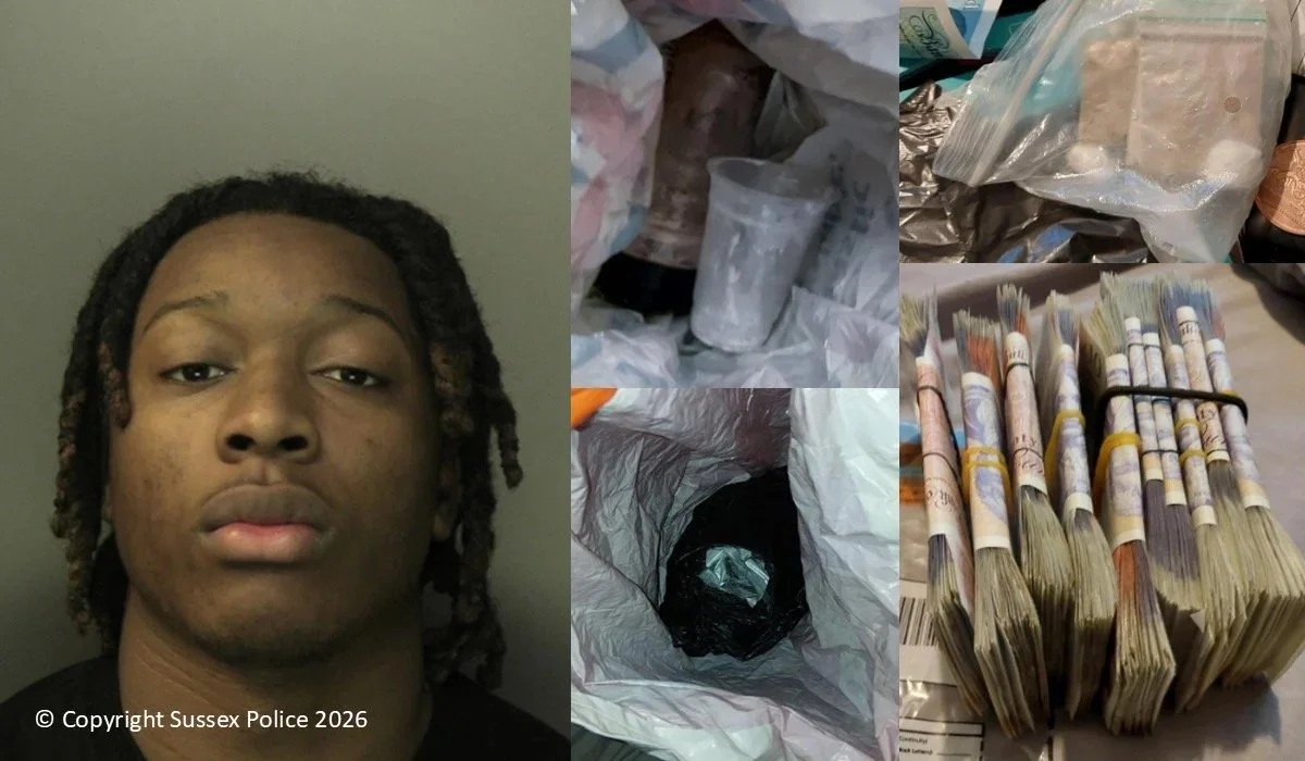 Patrick Kargbo pictured alongside items seized during the Brighton drugs investigation