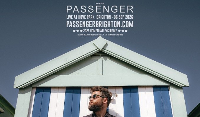 Passenger live at Hove Park Brighton 06 September 2026 poster, artist seated by a striped beach hut