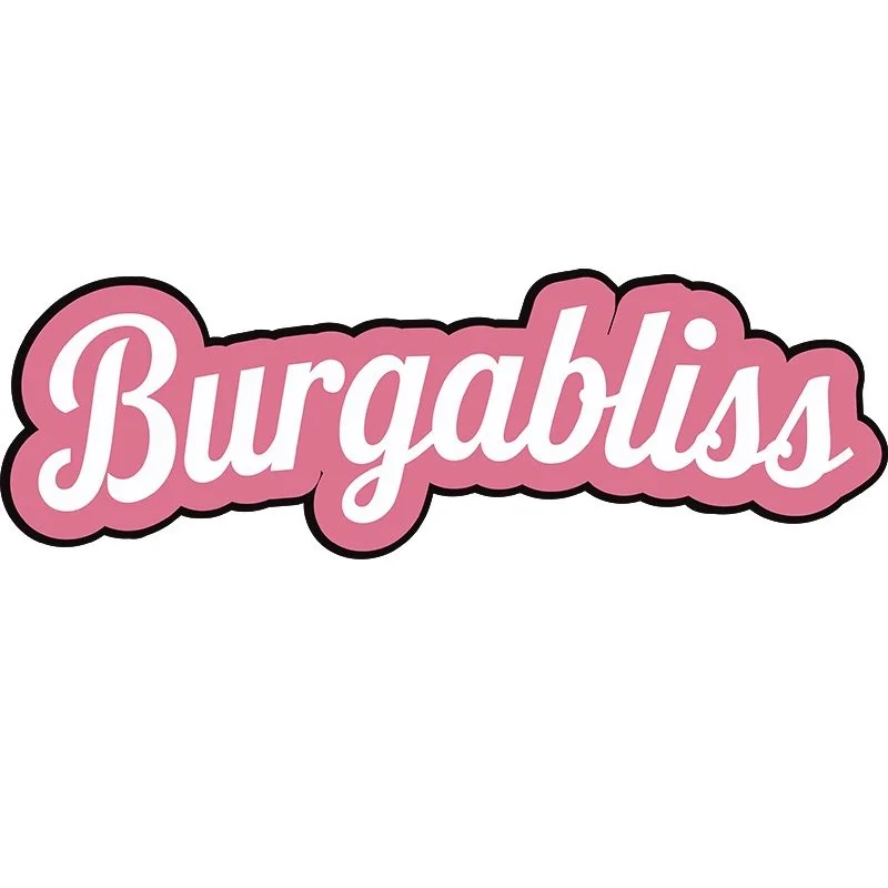 Pink and white text spelling 'Burgabiss' with a black outline on a white background.  Burgabliss Brighton. 