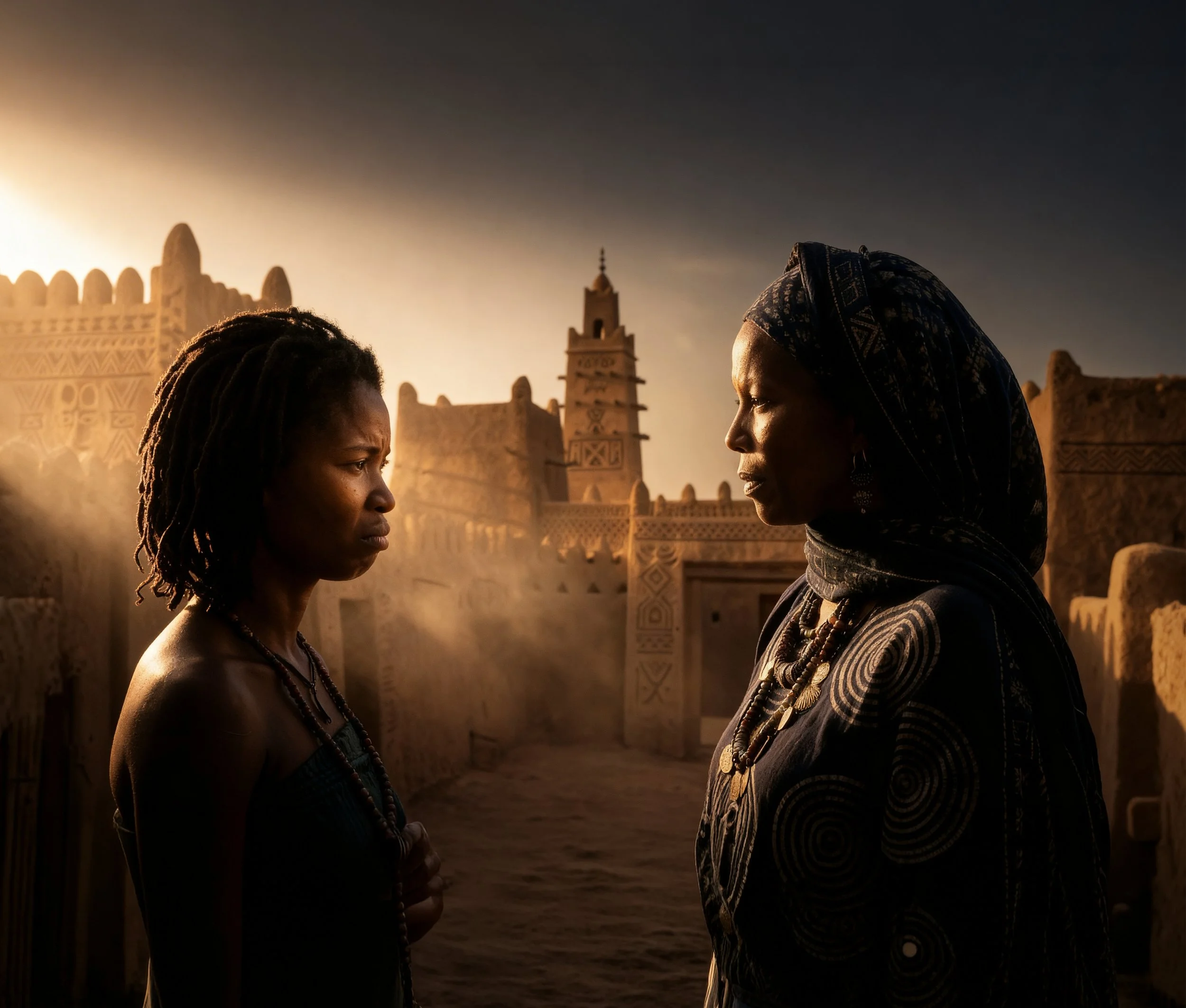 Two performers face each other in a dramatic desert-city scene from Once Upon a Time in Sokoto, part of Brighton Dome's autumn 2026 season