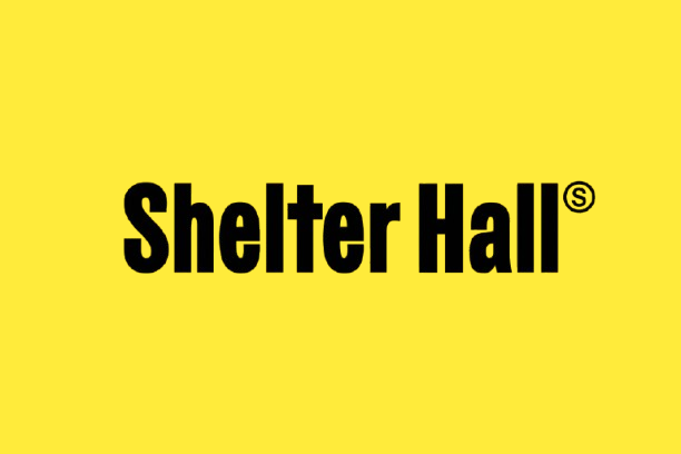Yellow background with black text reading 'Shelter Hall'.