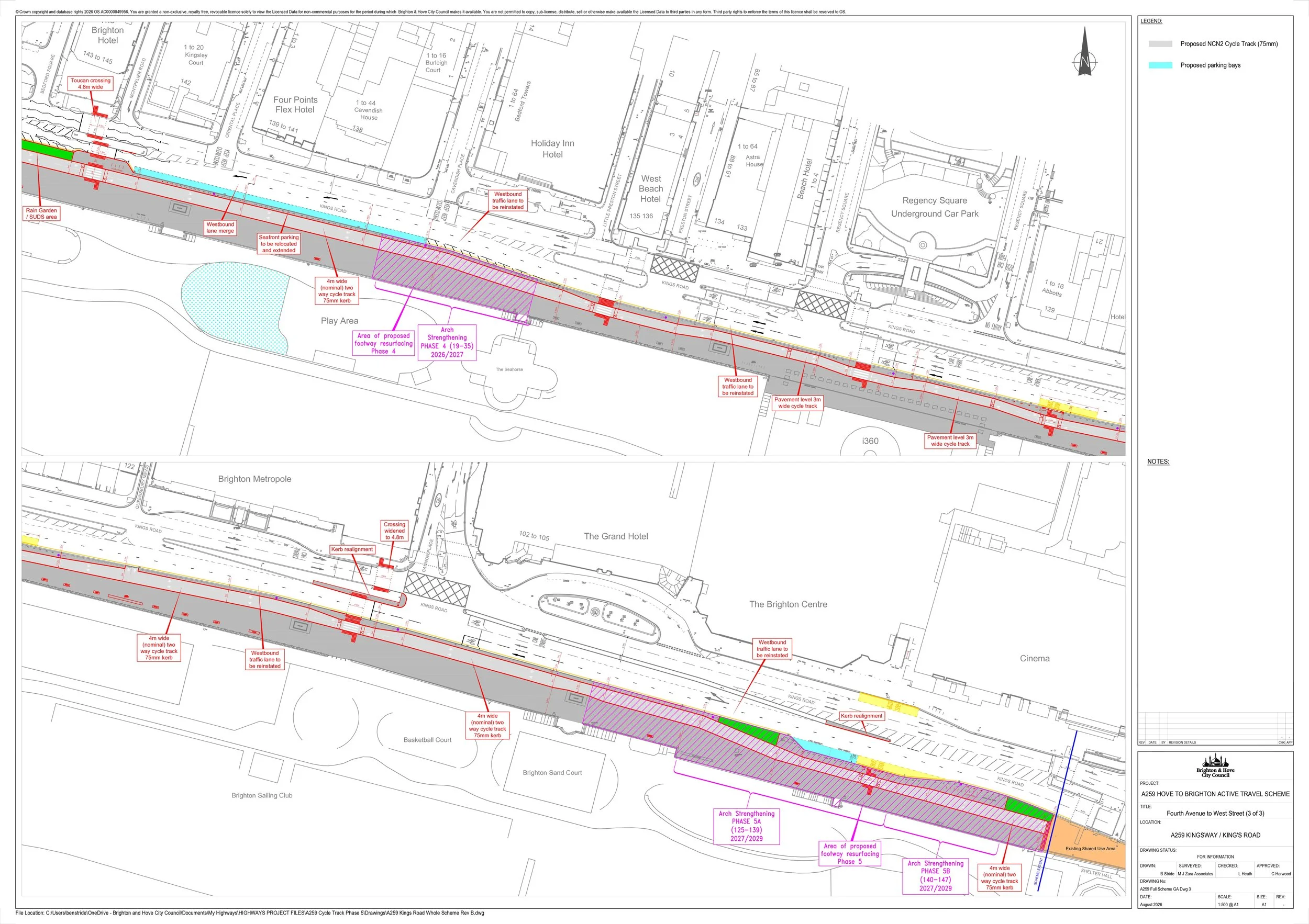 Technical drawing of the A259 scheme along King's Road from Bedford Square to Shelter Hall, showing the 4m cycle track and arch strengthening areas