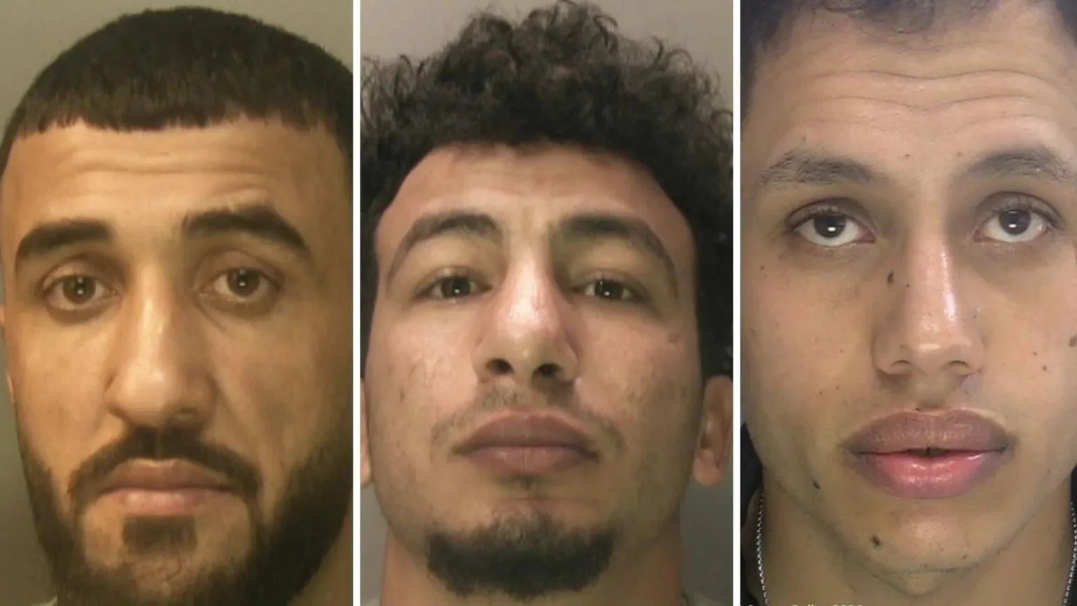 Sussex Police custody images of Abdulla Ahmadi, Ibrahim Alshafe and Karin Al-Danasurt, jailed for rape on Brighton beach