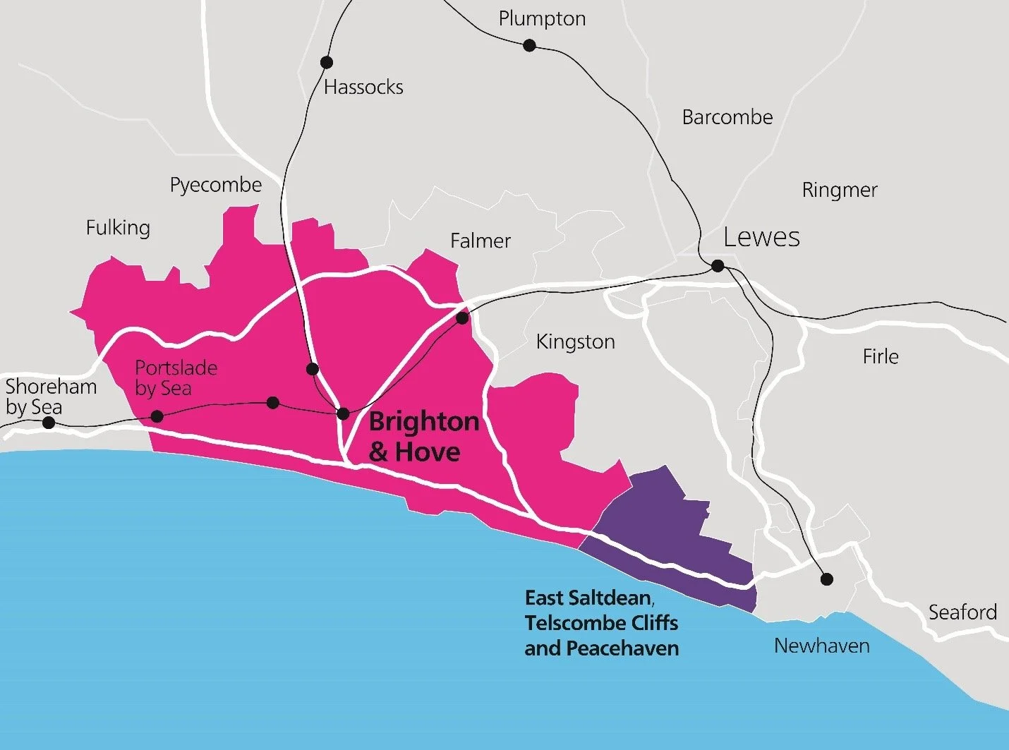 Map showing Brighton and Hove in pink with East Saltdean, Telscombe Cliffs and Peacehaven in purple joining the city