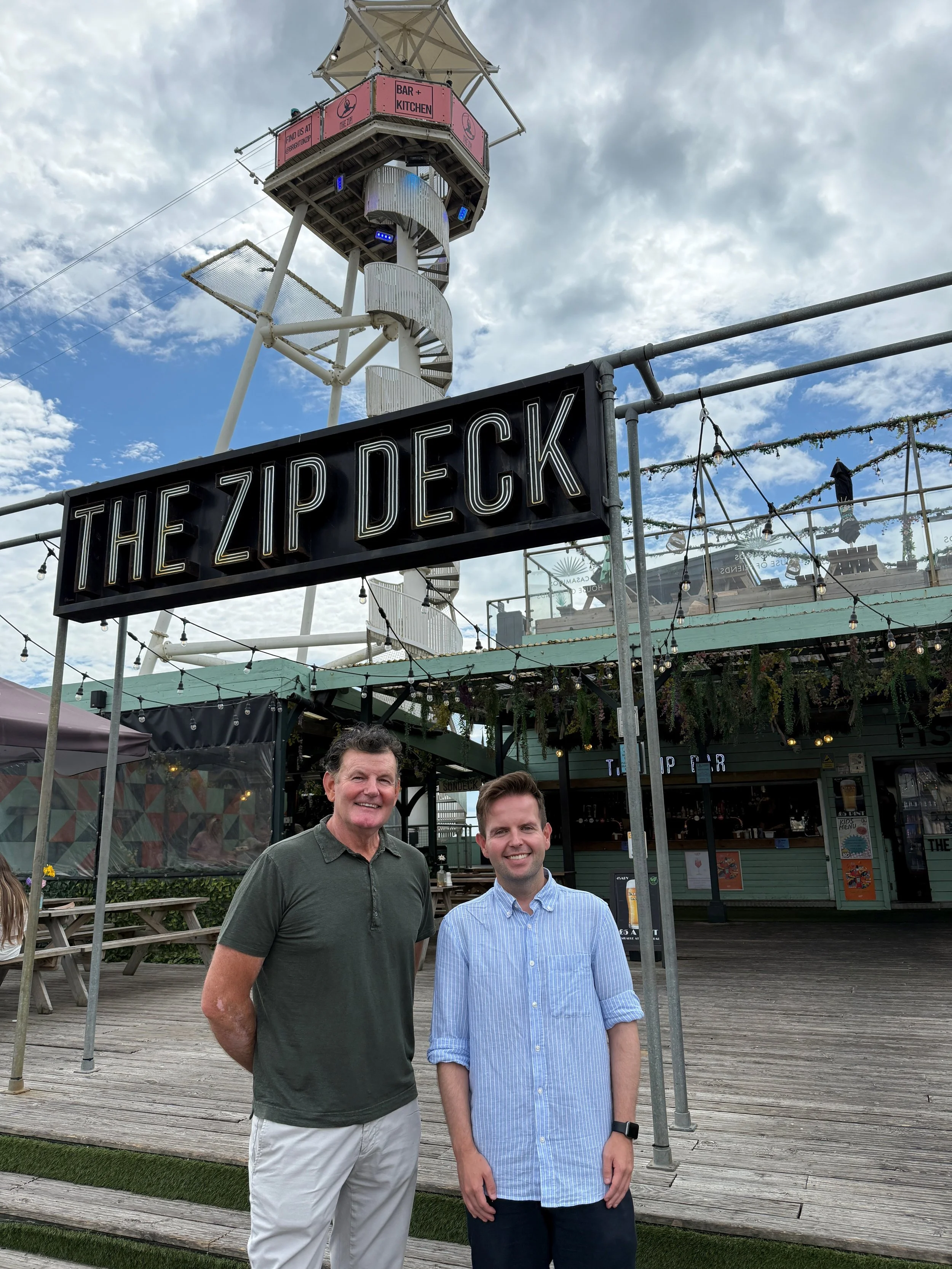 Jeffrey Sanders of the Brighton Zip and Daltons Venue with Councillor David McGregor on the Brighton seafront