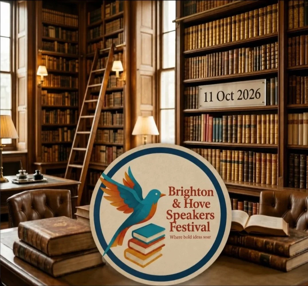 Brighton & Hove Speakers Festival logo with a blue and orange bird above a stack of books, set in front of a wood-panelled library with the date 11 Oct 2026