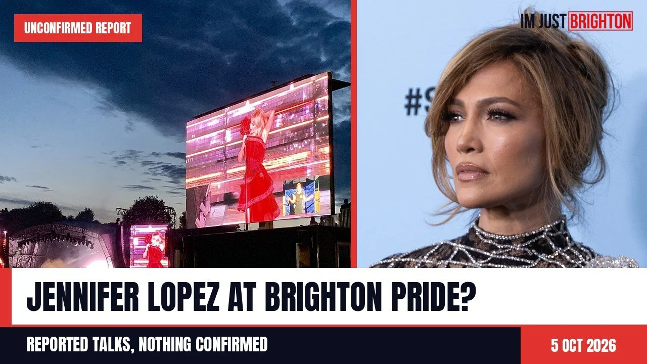 News banner reading Jennifer Lopez at Brighton Pride? Reported talks, nothing confirmed, with the Brighton Pride stage and a portrait of Jennifer Lopez