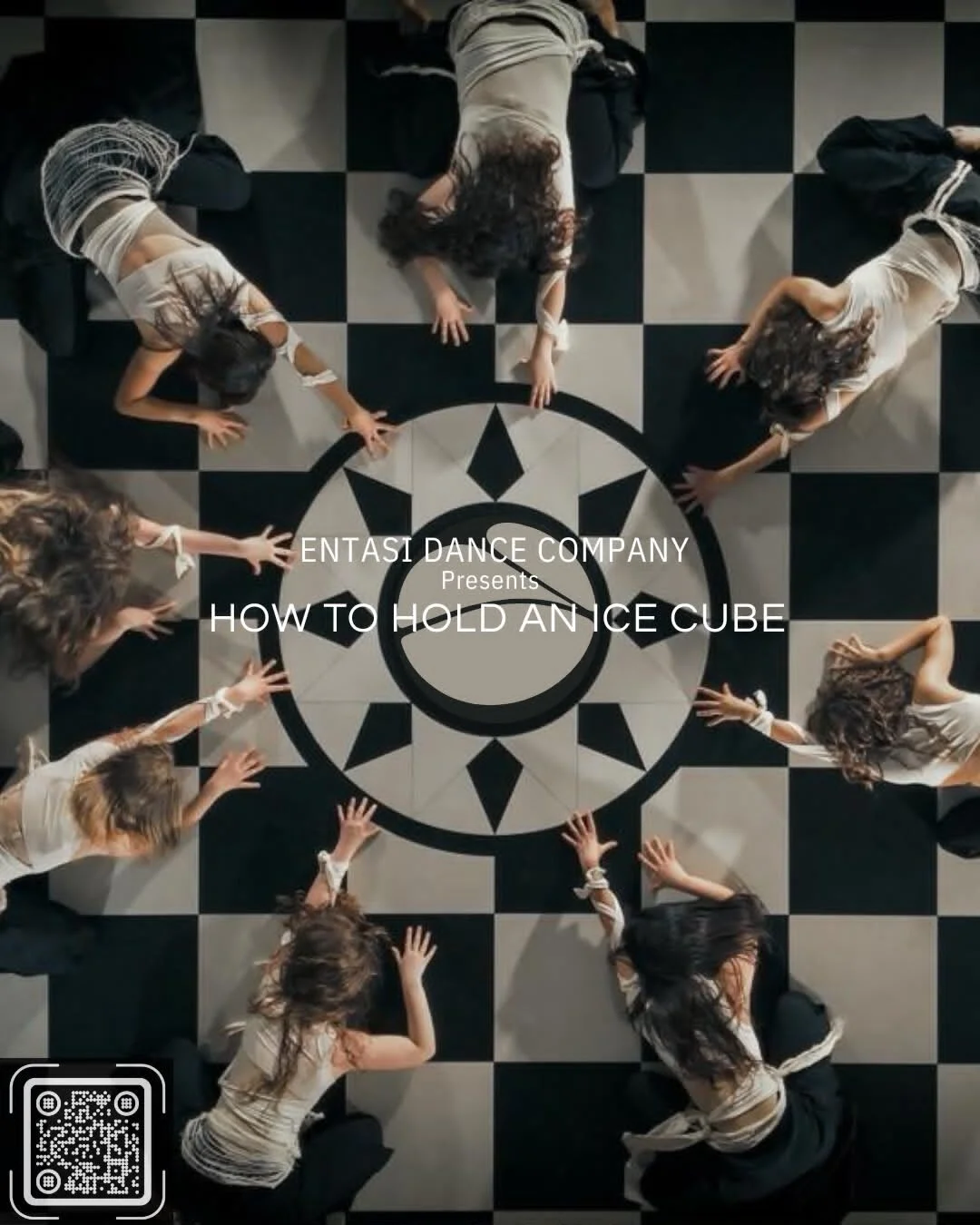 The all female cast of Entasi Dance Company on the checkerboard stage at Roedean Theatre