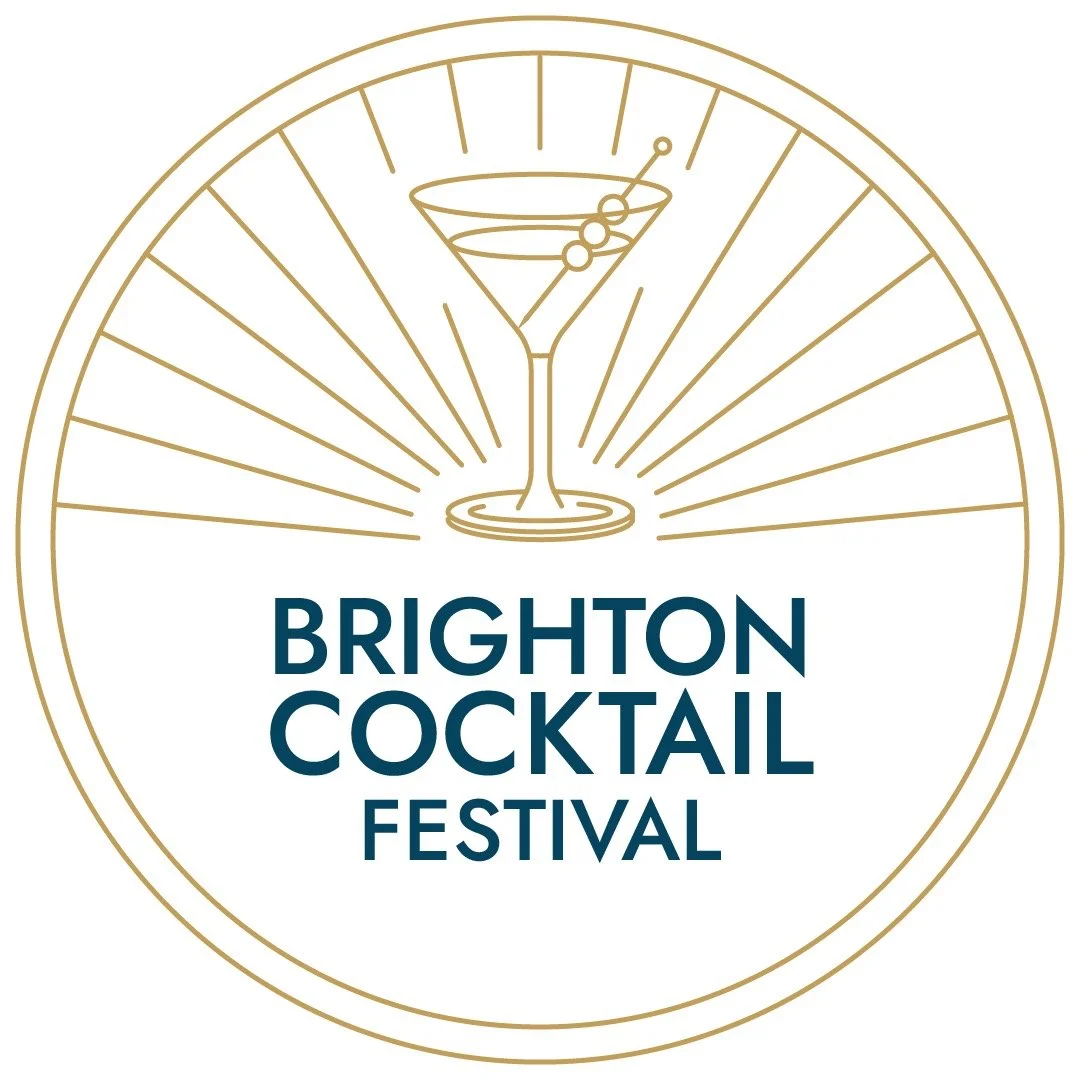 Brighton Cocktail Festival logo, a martini glass inside a gold sunburst circle