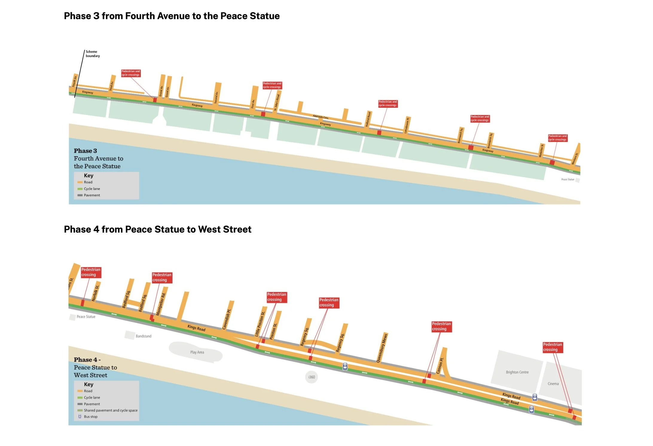 Map of the A259 Hove to Brighton scheme showing Phase 3 from Fourth Avenue to the Peace Statue and Phase 4 from the Peace Statue to West Street, with crossings marked