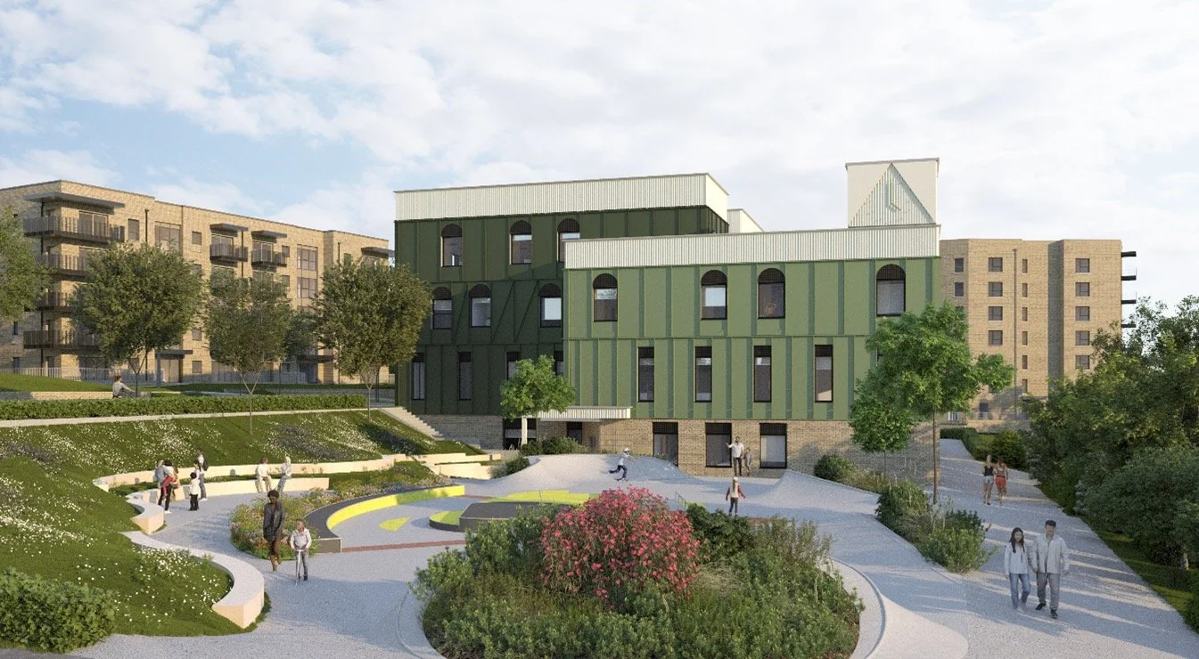 CGI render of the Moulsecoomb housing and community hub development, showing new council homes and landscaped public space