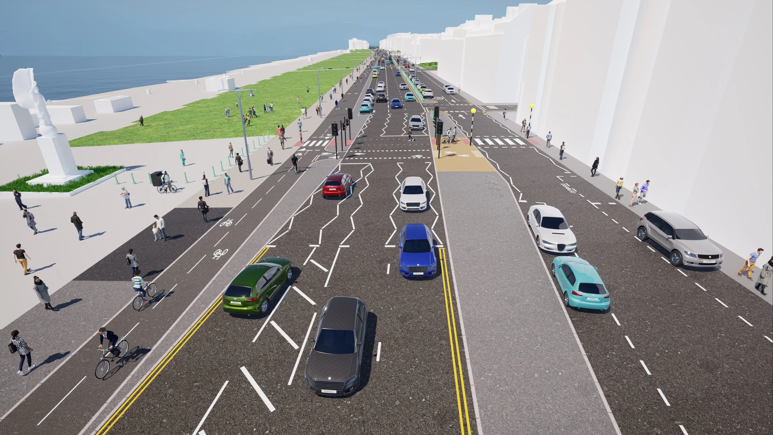 Render looking west along King's Road from opposite the Brighton Centre, showing the proposed two-way cycle lane with the Peace Statue visible in the distance