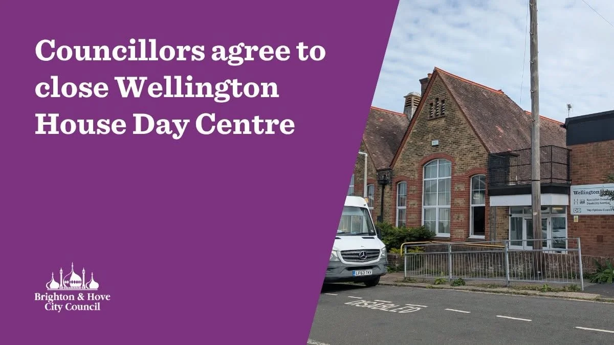 Wellington House Day Centre building in Brighton, a red brick Victorian building with a white accessibility van parked outside