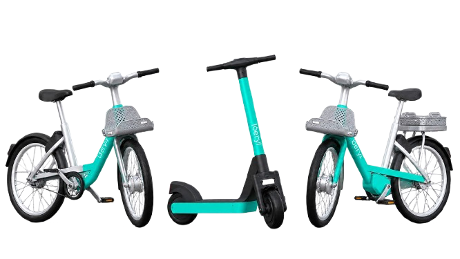 Beryl rental bikes and e-scooter shown together