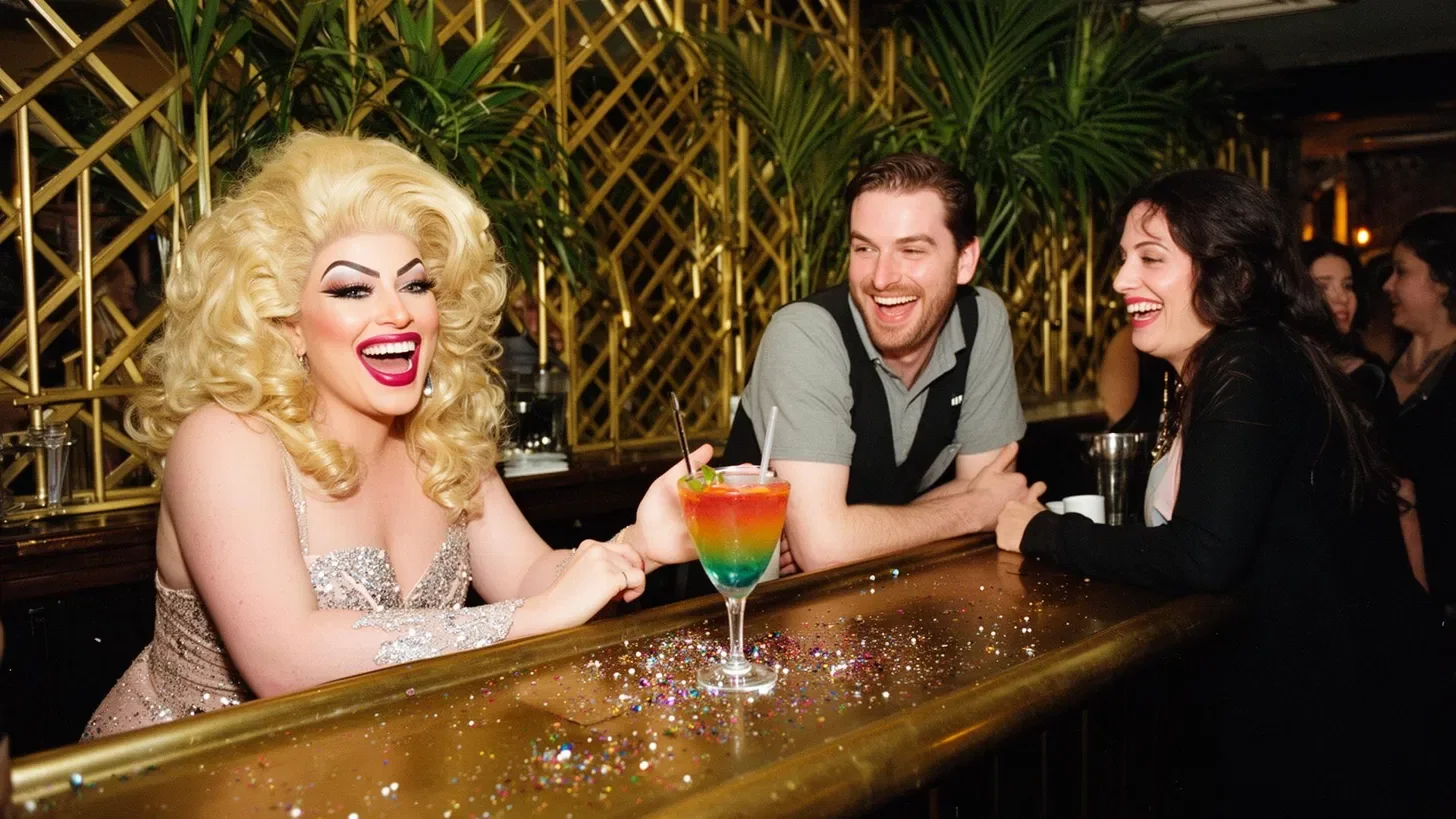 A drag performer laughs with two guests over a rainbow cocktail at the bar in The Birdcage, Kemptown, Brighton