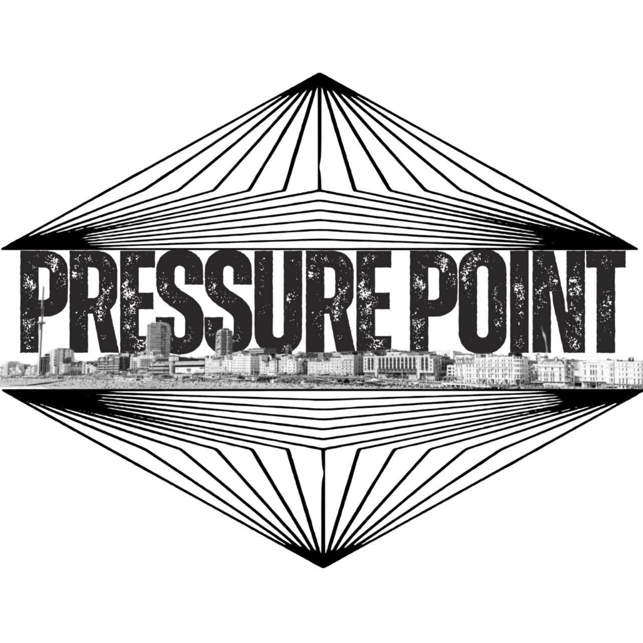 Black and white graphic with the words "Pressure Point" over a cityscape, encased in a diamond-shaped outline with radiating lines.