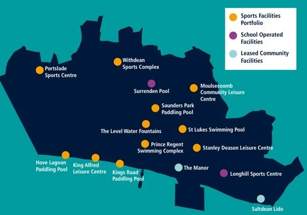 Map of Brighton and Hove council sports facilities including King Alfred Leisure Centre