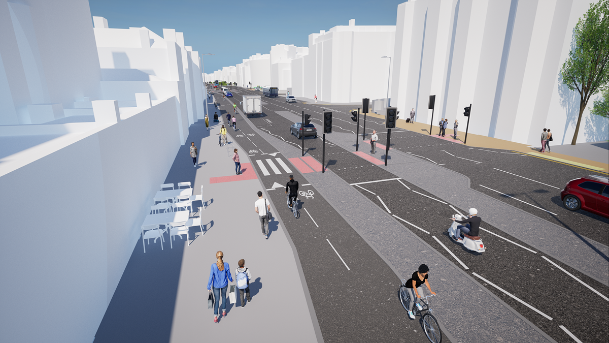 Computer-generated view along the A259 at Victoria Terrace in Hove showing a separated cycle lane with cyclists next to a wide pavement with cafe tables, traffic lights, a van and a moped