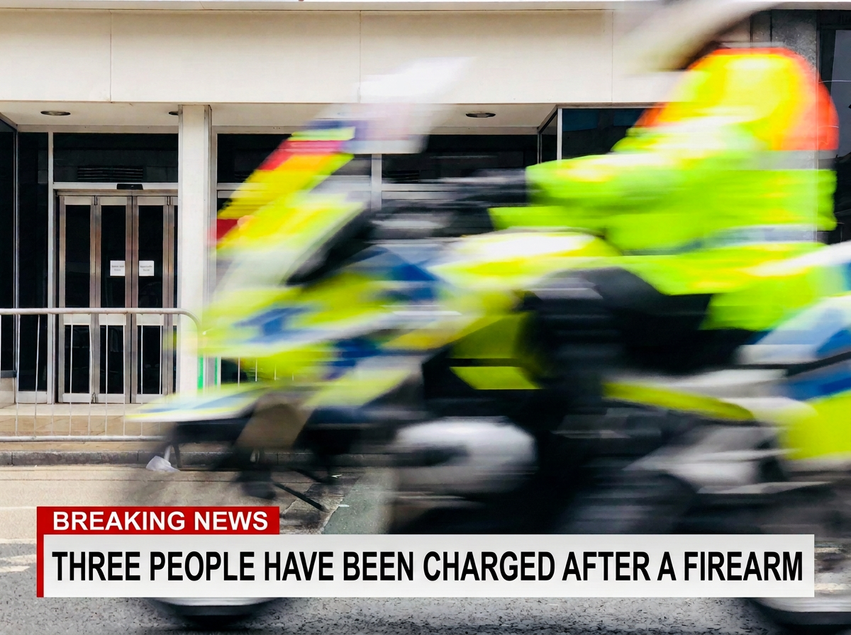 Breaking news graphic: three people charged after a firearm incident at a Hove pub