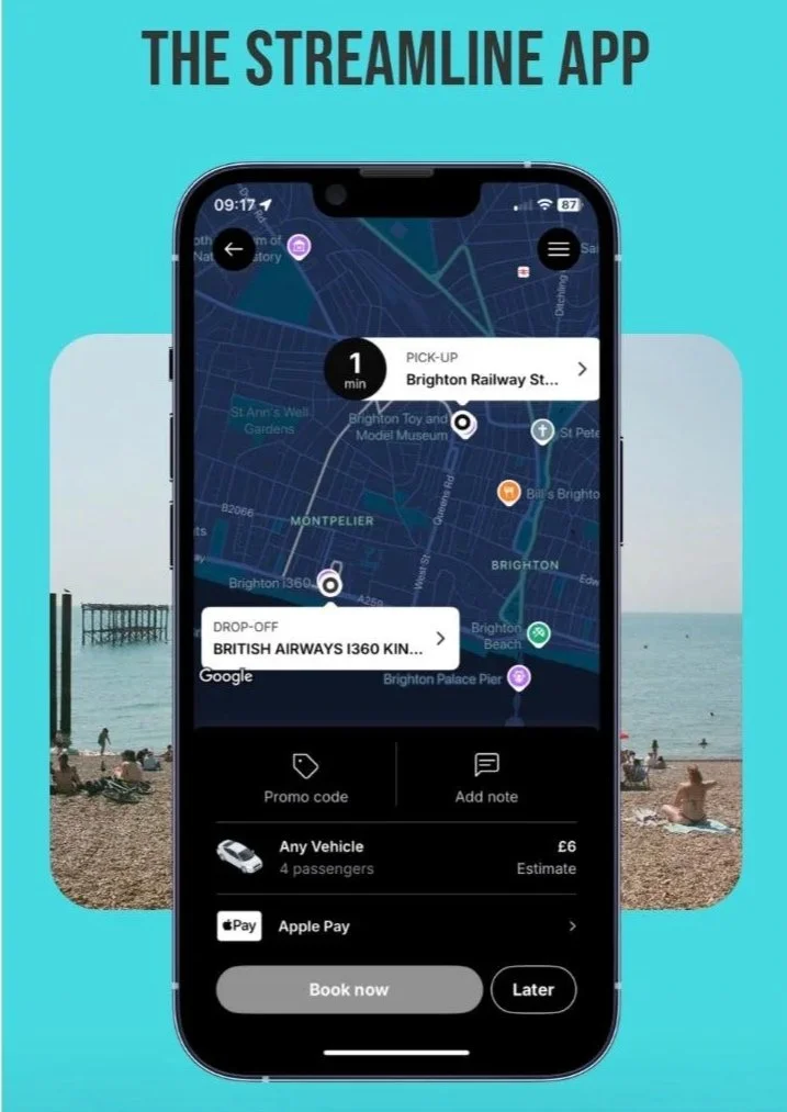 The Brighton and Hove Streamline Taxis booking app shown on a phone with a live map of the city