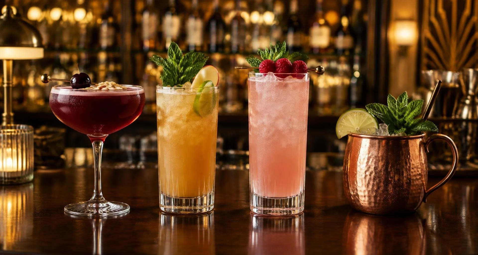 The four Birdcage Community Cocktails lined up on the bar: Cherry Queerwell, Liquid Lunch, Beacon Blush and Trans Pride Punch