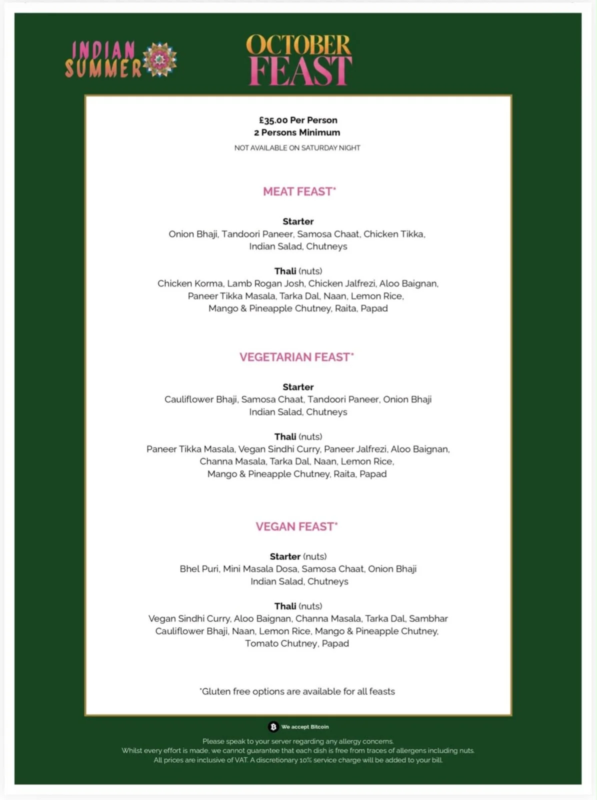 Indian Summer October Feast menu listing the meat, vegetarian and vegan feasts at £35 per person with a two person minimum