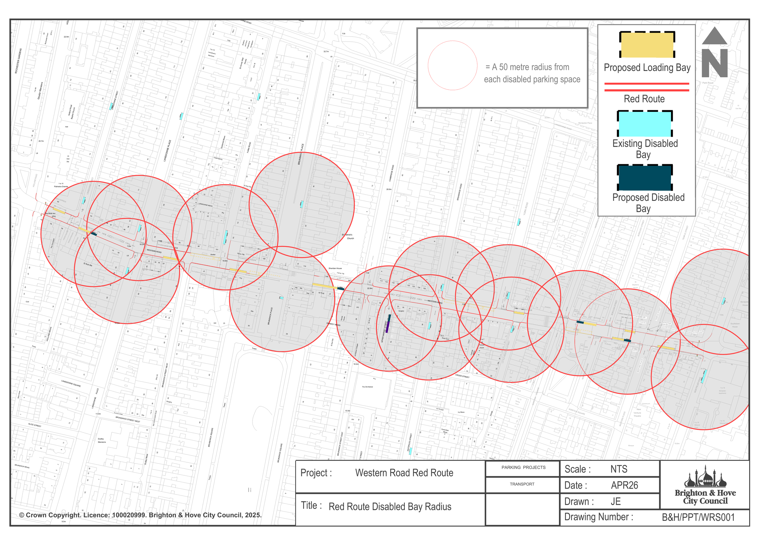 Map of Western Road in Brighton and Hove showing the proposed Red Route, proposed loading bays and existing and proposed disabled bays, with a 50 metre radius drawn around each disabled bay