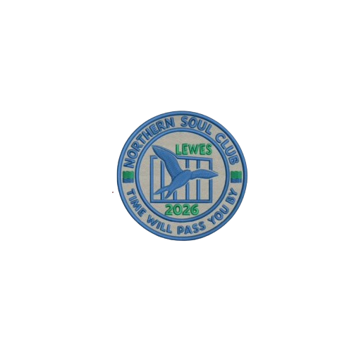A circular logo for the Northern Soul Club with a blue border, featuring a plane, the word "LEWES," the year "2026," and the phrase "TIME WILL PASS YOU BY."