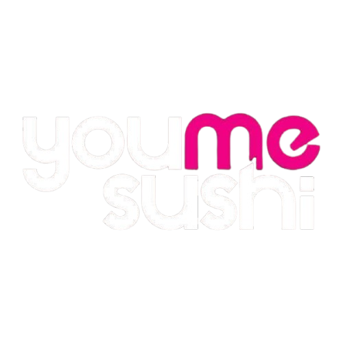 Logo with the words "you me sushi" in white and pink letters on a black background.