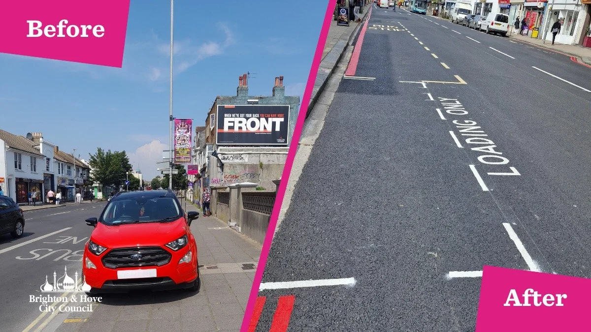 Split image showing a road before a Red Route, with parked cars, and after, with red lines and a loading only bay marked