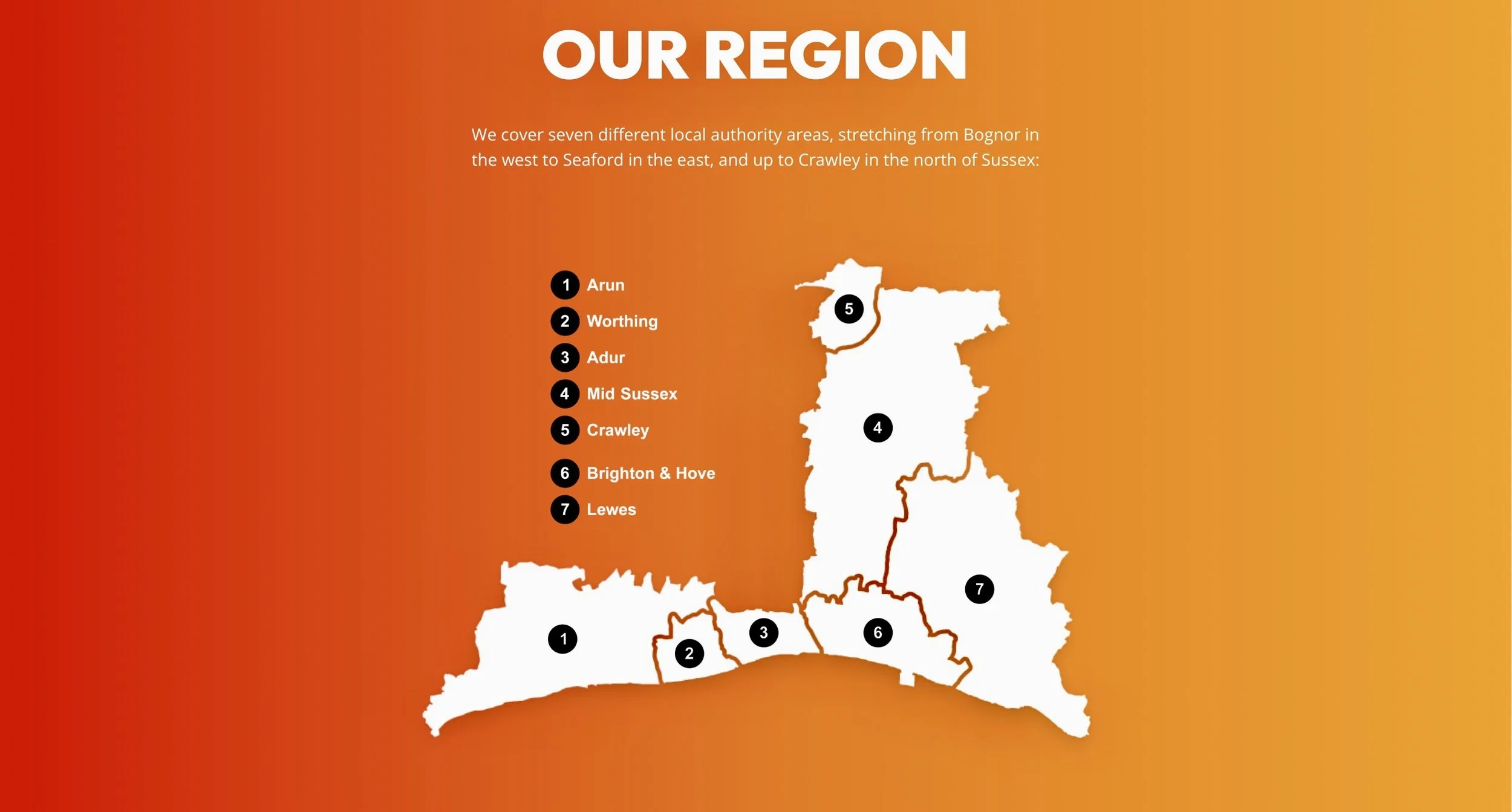 Map of the Greater Brighton region showing its seven local authority areas across Sussex: Arun, Worthing, Adur, Mid Sussex, Crawley, Brighton and Hove, and Lewes