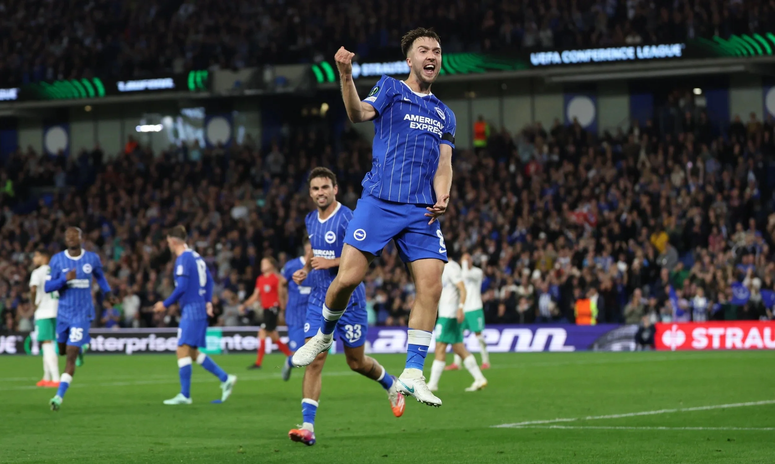 Albion players celebrate with Georginio during the 4-0 win over Kauno Zalgiris at the Amex