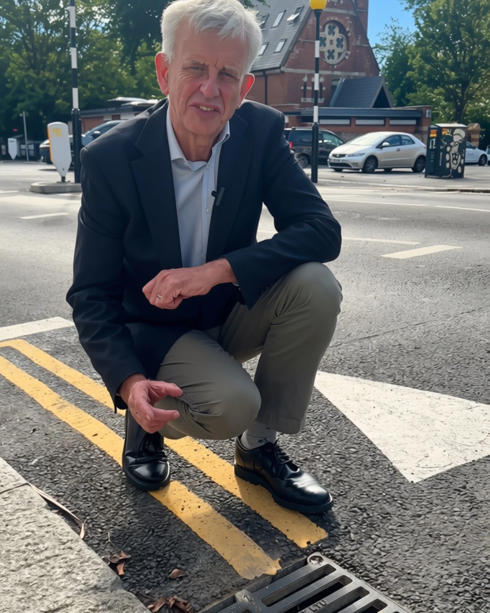 Councillor Trevor Muten crouching beside a roadside drain in Brighton and Hove ahead of the autumn drain clearance programme