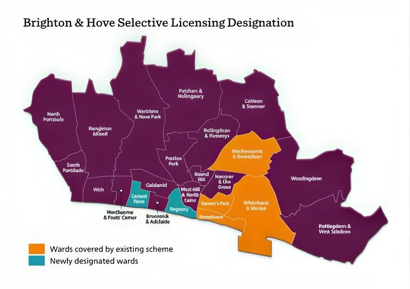 Map of Brighton and Hove wards showing selective licensing areas, with existing scheme wards in orange and the newly designated Regency and Central Hove wards in teal