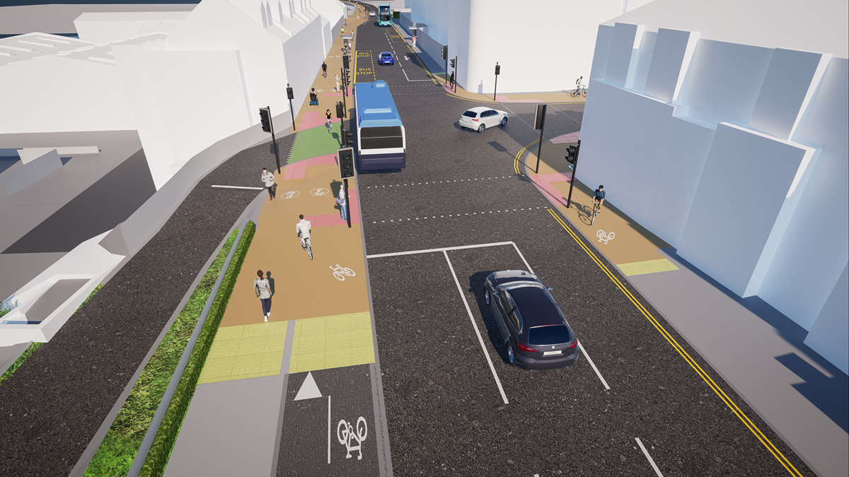 Computer-generated view of the Boundary Road junction on the A259 in Hove showing a bus at a bus stop, traffic lights, a planted strip and a cycle route with pedestrians and cyclists
