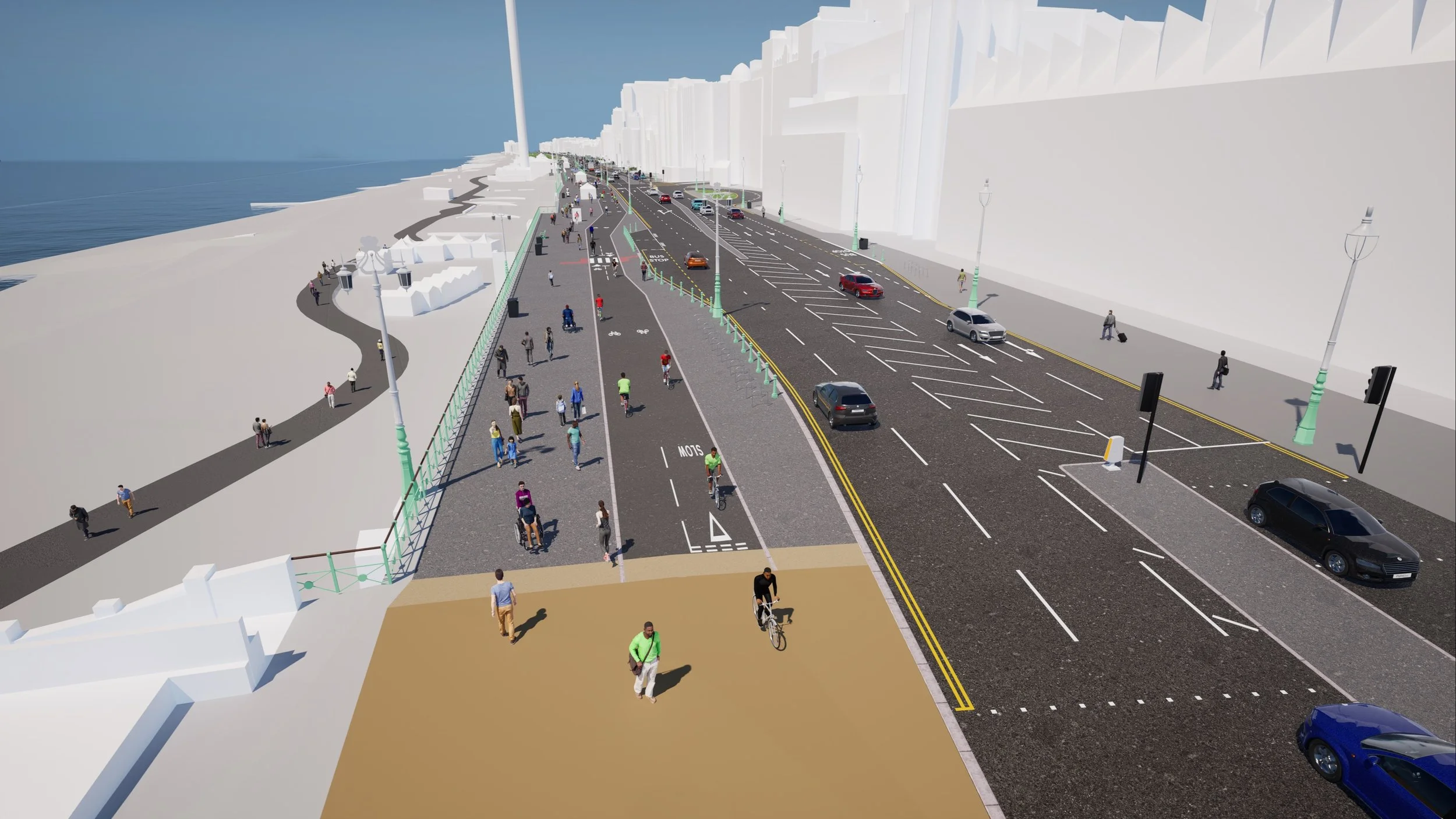 Render looking west along King's Road from the Peace Statue, showing the proposed two-way cycle lane with the i360 visible in the distance and the beach on the left
