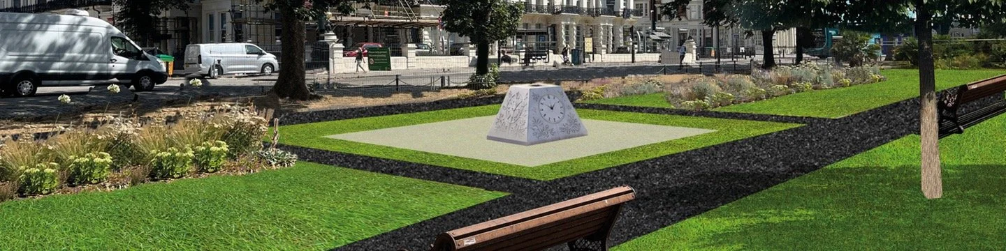 Artist's impression of Option 2 showing a pyramid-shaped commemorative clock feature with clock face at 19:53 in Palmeira Square with new seating and landscaping