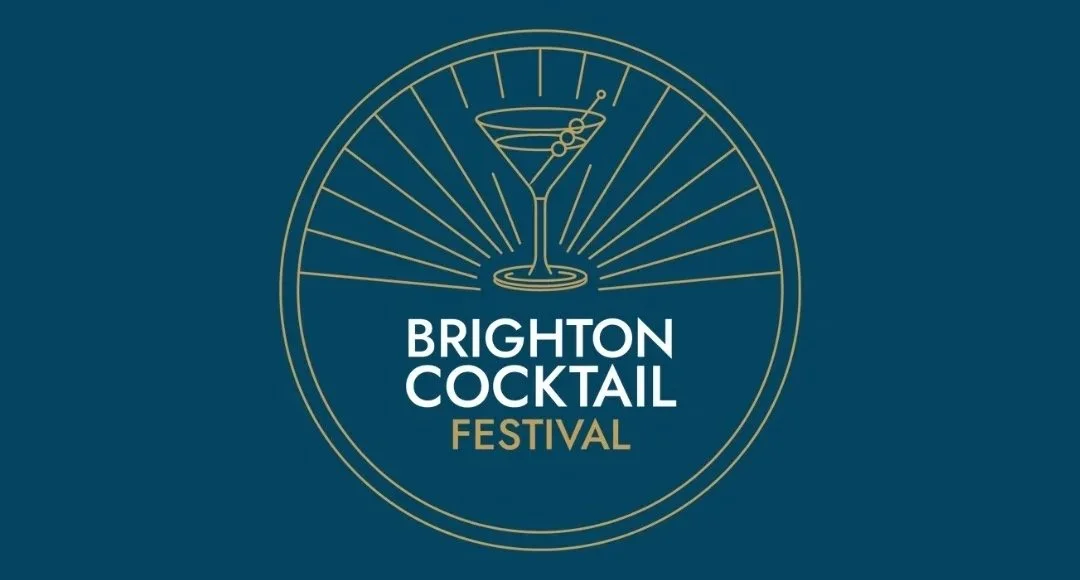 Brighton Cocktail Festival logo in gold on a navy background, a martini glass inside a sunburst circle