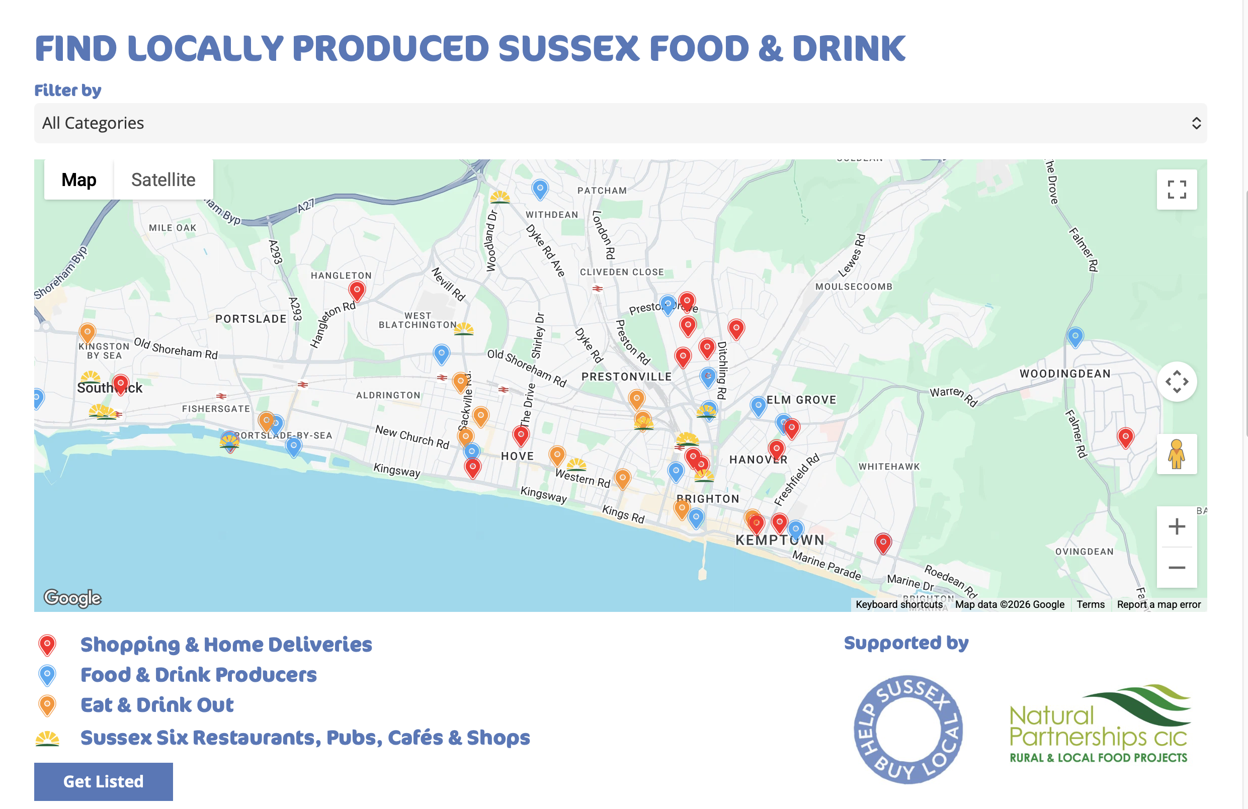 A map of Brighton and Hove dotted with markers showing local shops, producers and places to eat and drink in the Sussex Six directory