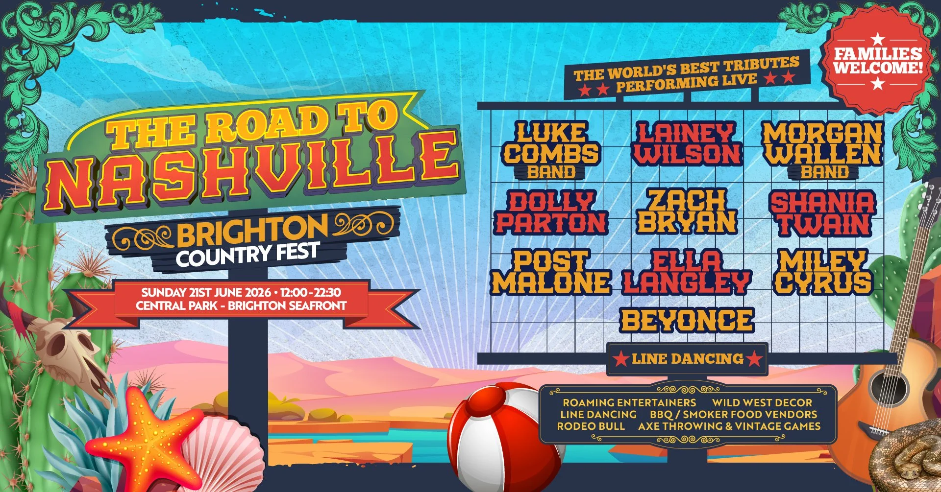The Road to Nashville country music festival lineup poster for Brighton Seafront on Sunday 21 June 2026