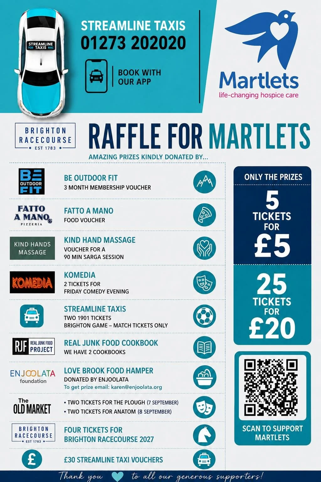 Raffle For Martlets poster listing prizes donated by Brighton businesses for Streamline Taxis' hospice evening