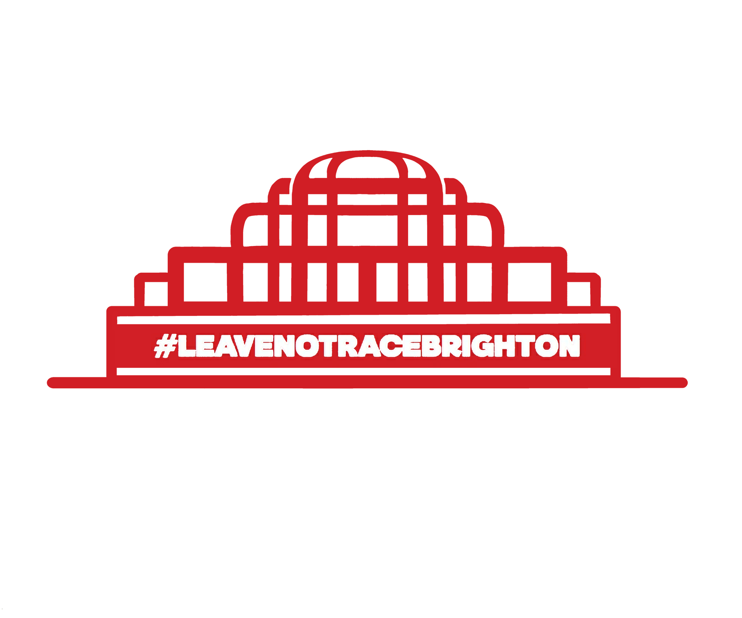 Leave No Trace Brighton logo, a red line drawing of the Brighton bandstand with hashtag LEAVENOTRACEBRIGHTON across the base