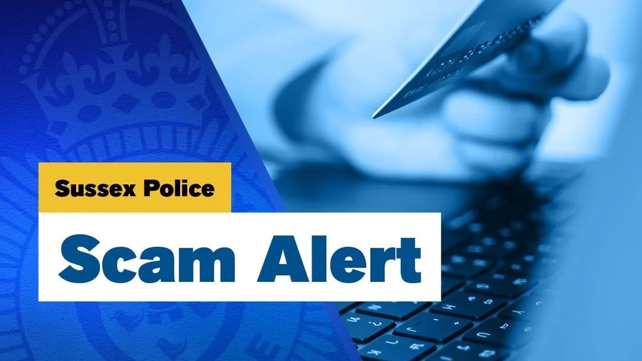 Sussex Police Scam Alert graphic showing a hand holding a bank card over a laptop keyboard