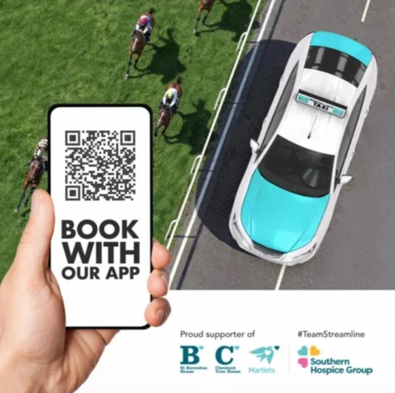 Brighton and Hove Streamline Taxis QR code to book with the app, shown beside a Streamline taxi at the racecourse