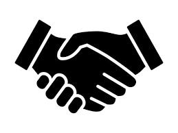 A black line drawing of two hands shaking, symbolizing an agreement or handshake.