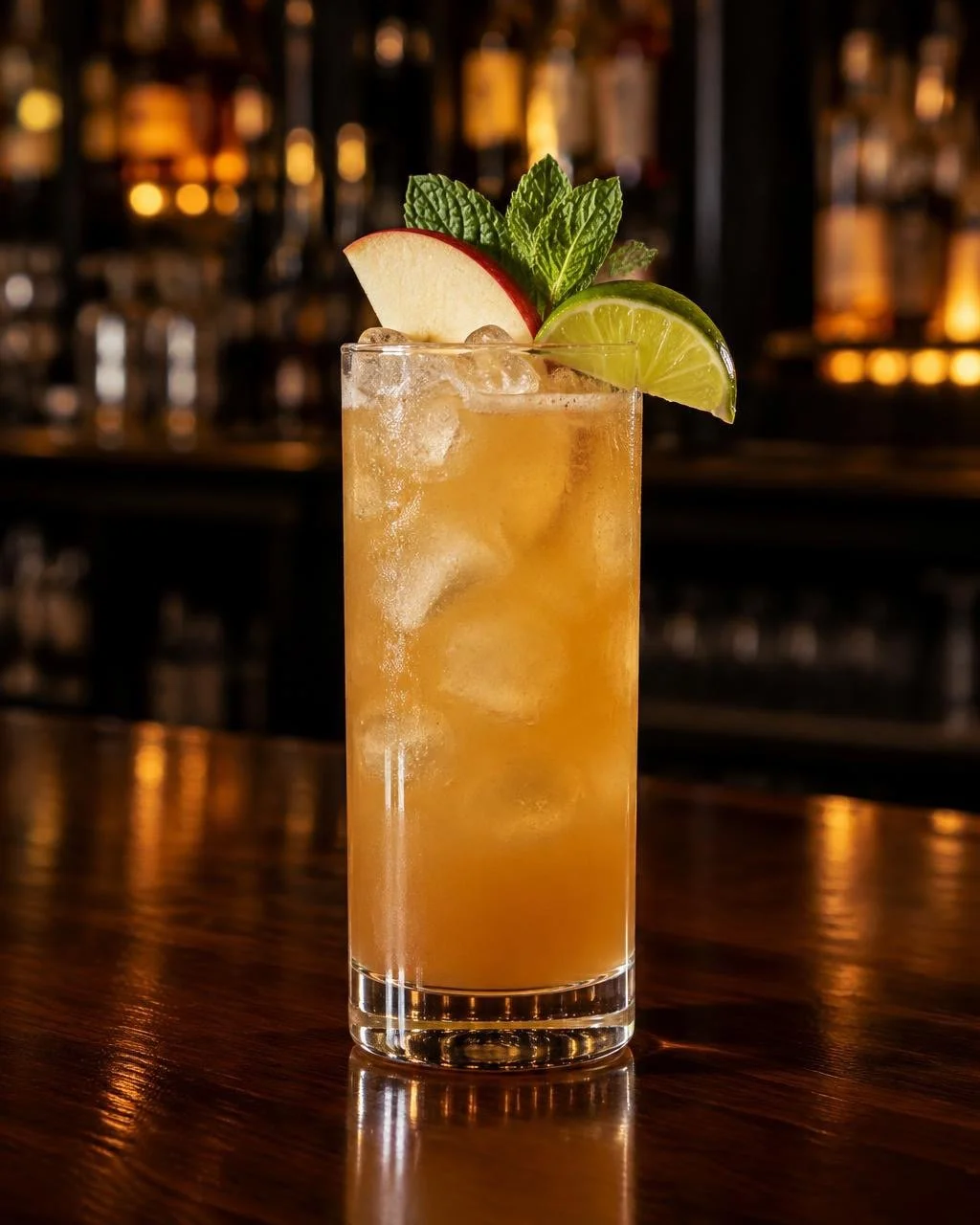 Liquid Lunch cocktail at The Birdcage Brighton in a tall glass with apple, mint and lime garnish