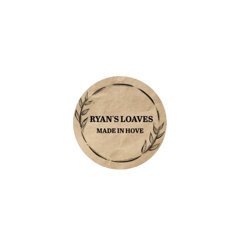 A round label with a beige background and black leaf designs, displaying the text 'RYAN'S LOAVES MADE IN HOVE'.