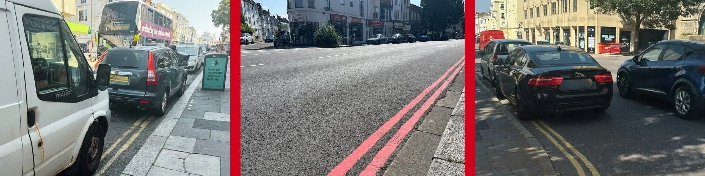 Western Road Brighton: traffic queued on double yellow lines, an existing red route line elsewhere in the city, and cars parked kerbside